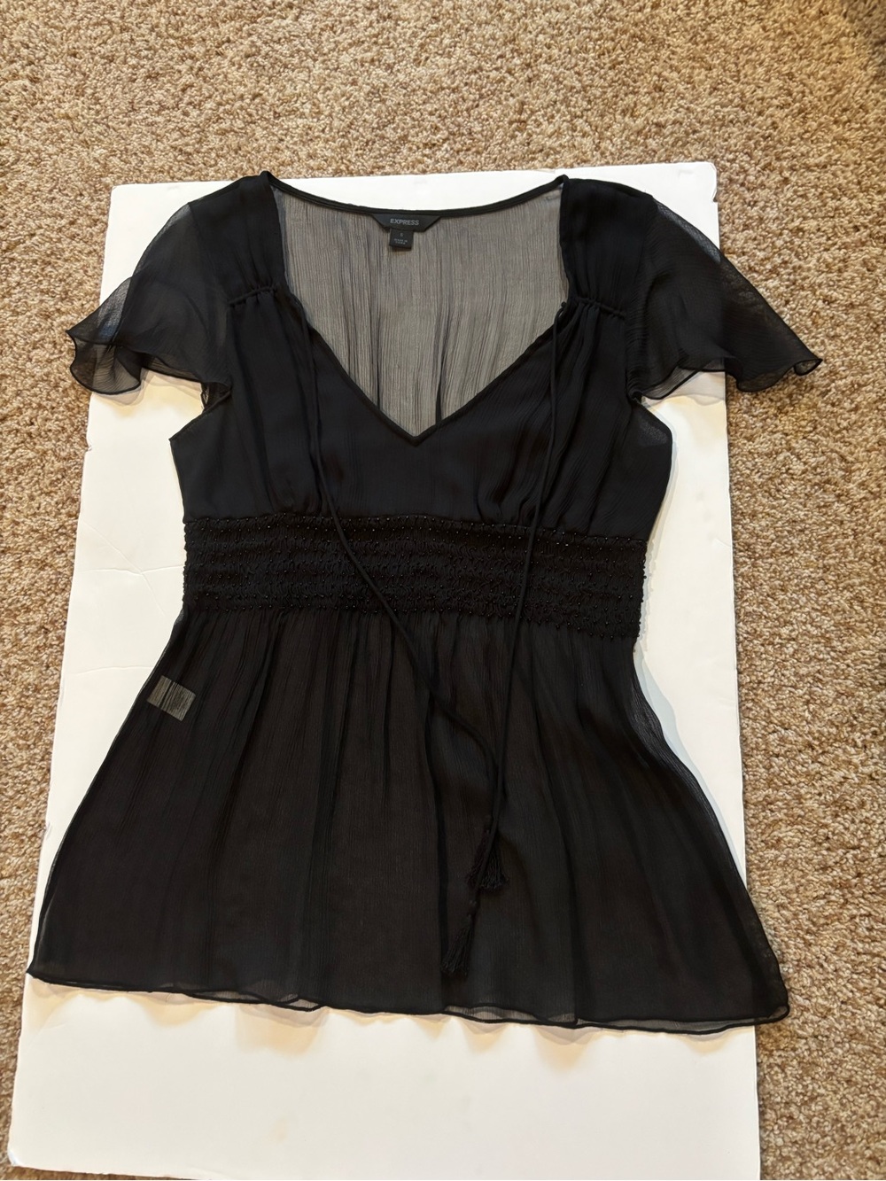 Express Black Sheer V-Neck Smocked Tie-Waist Tunic